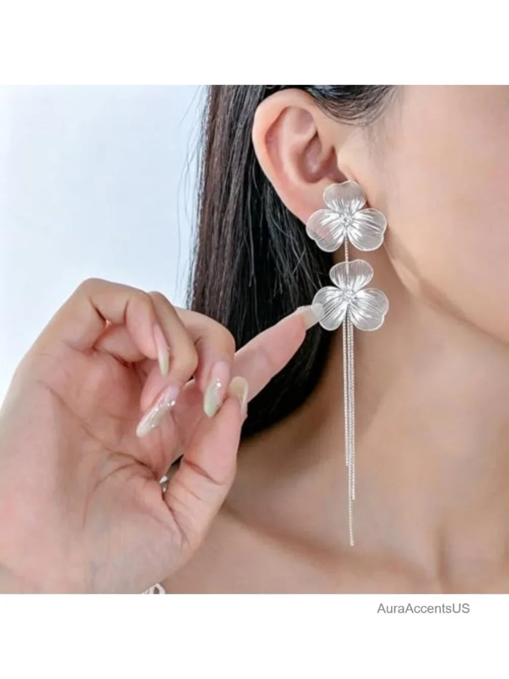 Metal Double Flower Tassel Dangle Earrings for Women Long Statement Drop